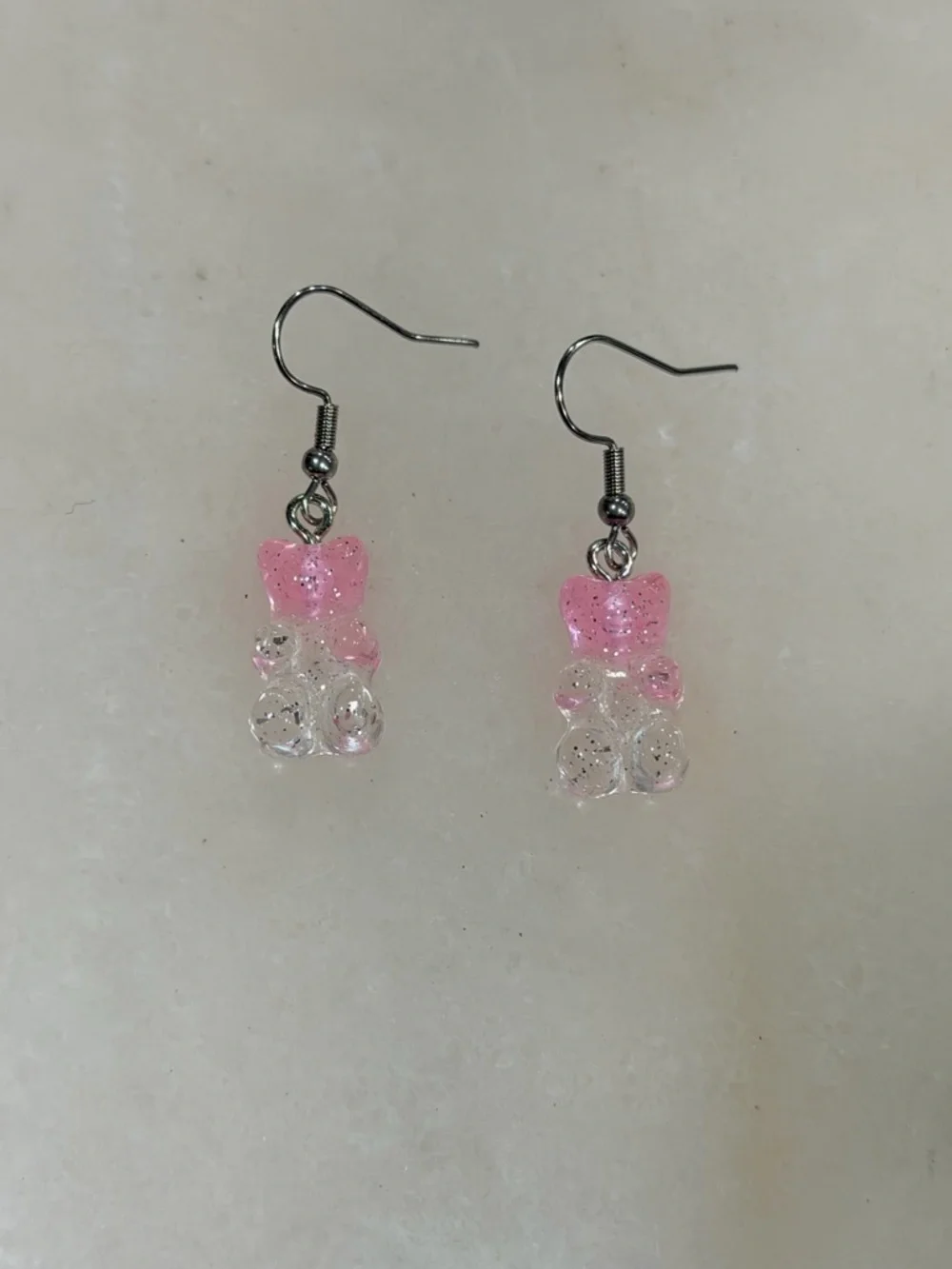 Gummy Bear Drop Earrings Pink Clear Glitter Resin Cute Kawaii Candy Jewelry - Picture 3 of 3